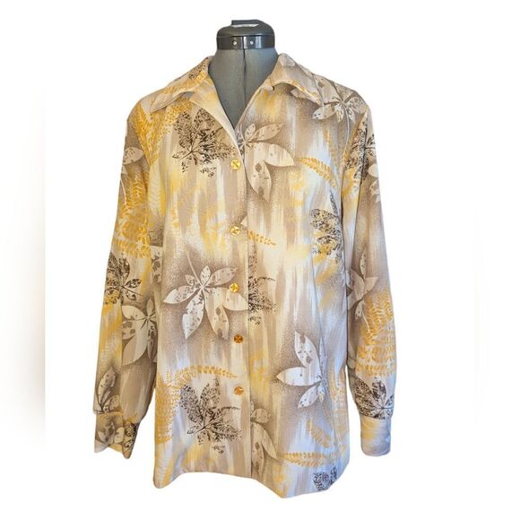 Vintage 70s tan‎ brown & yellow leaf print dagger collar top - Picture 1 of 8